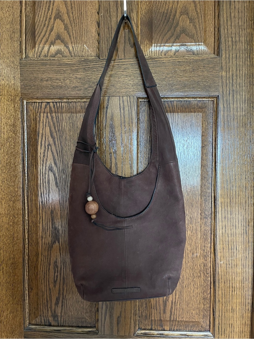 Lucky Brand Brown Suede Hobo Shoulder Bag with Wooden Bead Accent